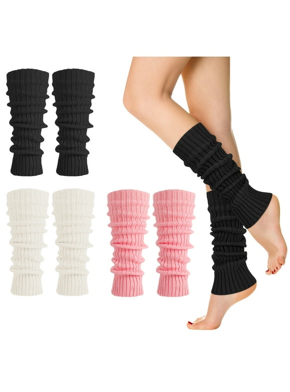 3 Pack Rib Knit Leg Warmers for Women, Acrylic Leg Warmer Socks with Ruffle, Soft Stretchy Ankle Warmers for Boots, Y2K Striped Style Leg Covers for Women Outside, Black/Pink/White