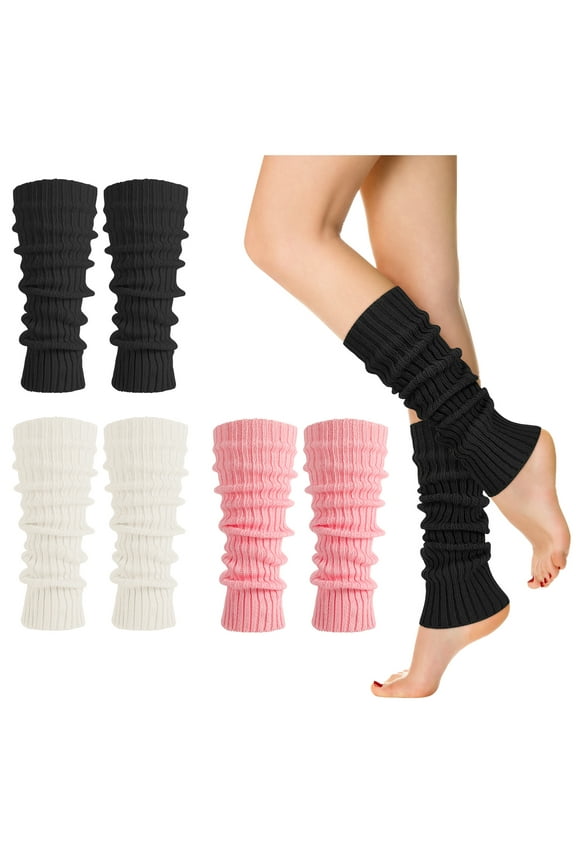 3 Pack Rib Knit Leg Warmers for Women, Acrylic Leg Warmer Socks with Ruffle, Soft Stretchy Ankle Warmers for Boots, Y2K Striped Style Leg Covers for Women Outside, Black/Pink/White