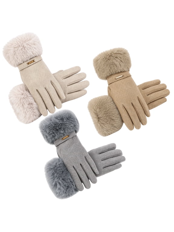 3 Pack Womens Winter Gloves - Elastic Touchscreen Gloves with Faux Fur Cuffs, Thick Warm Thermal Mittens Gift Set (Cream/Khaki/Gray)
