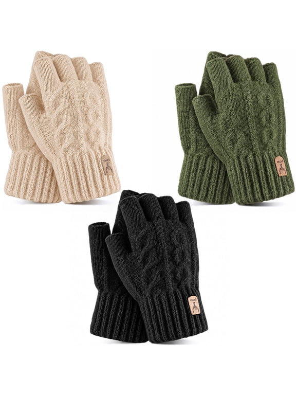 3 Pairs Fingerless Gloves ,Thermal Winter Gloves, Warm Knitted Half Finger Gloves Mittens for Men Women Typing, Driving ,Working