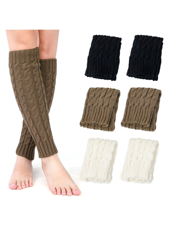 3 Pairs Leg Warmers 80s, Knee High Cable Knit Leg Warmer Y2k, Knitted Long Boot Socks for Women, Kawaii Thermal Outfit Accessories for Parties Dances Workouts (Brown, Black, White)