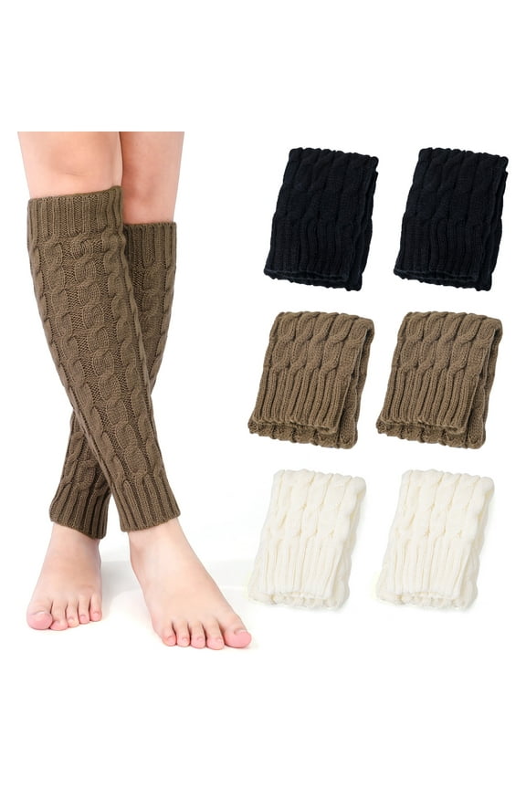 3 Pairs Leg Warmers 80s, Knee High Cable Knit Leg Warmer Y2k, Knitted Long Boot Socks for Women, Kawaii Thermal Outfit Accessories for Parties Dances Workouts (Brown, Black, White)