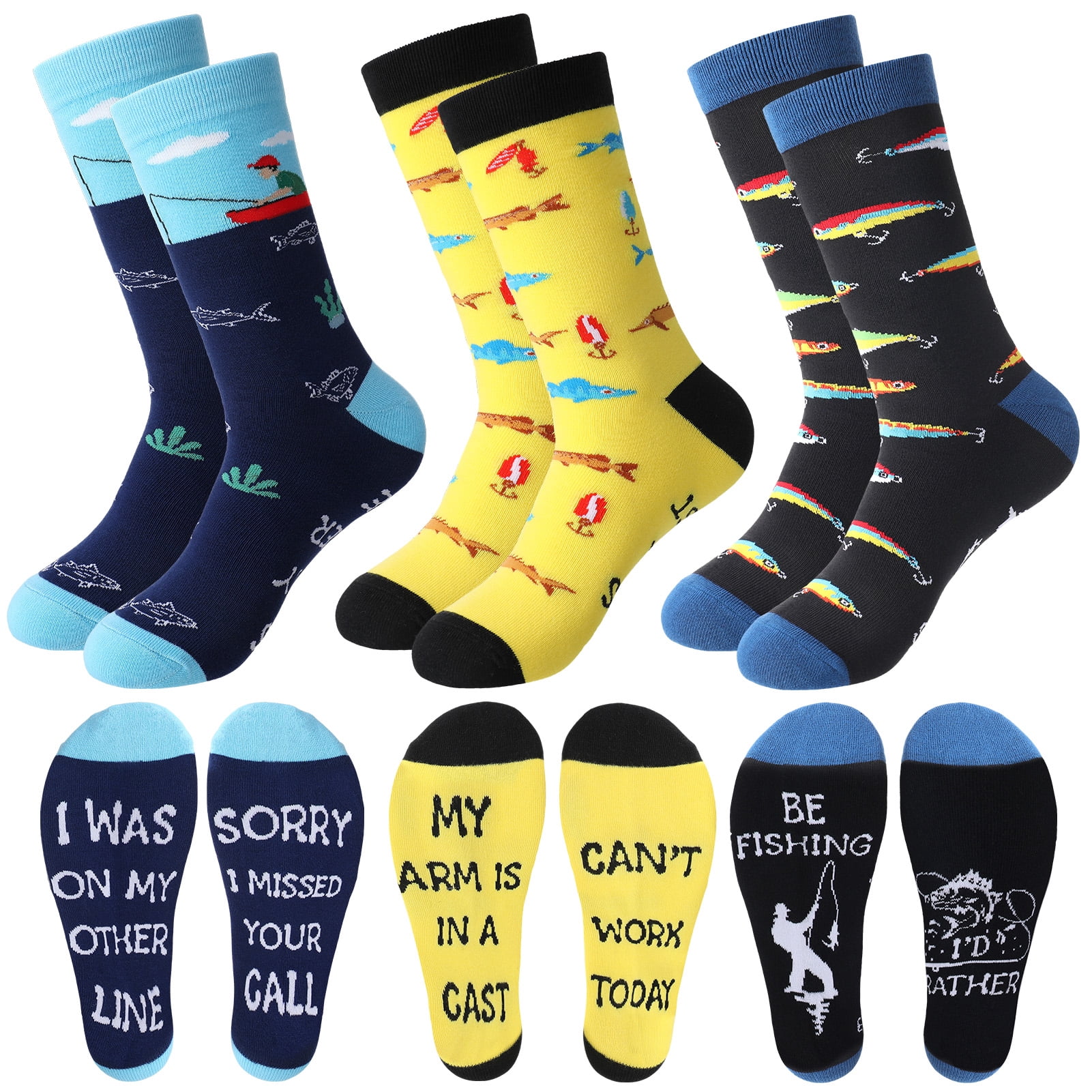Bocaoying 3 Pairs Novelty Fishing Socks for Men Funny Fish Themed Crew ...