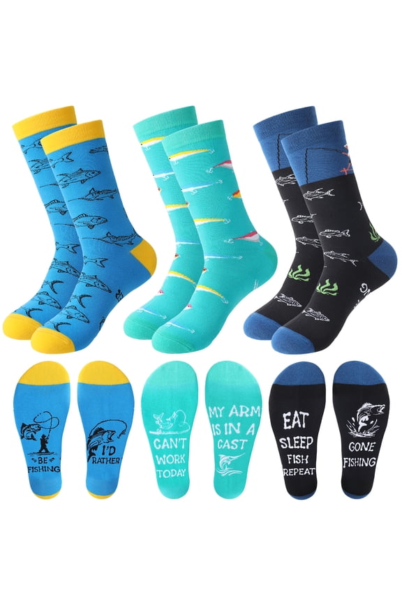 3 Pairs Novelty Fishing Socks for Men Funny Fish Themed Crew Socks Gifts for Dad, Grandpa Fishing Lover