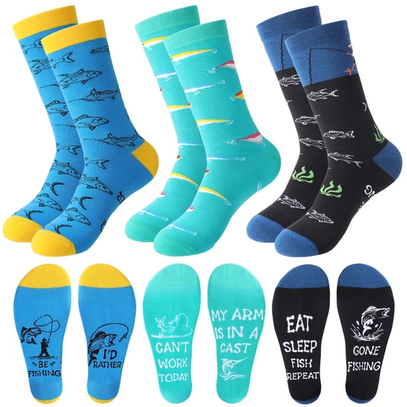 Bocaoying 3 Pairs Novelty Fishing Socks for Men Funny Fish Themed Crew Socks Gifts for Dad, Grandpa Fishing Lover