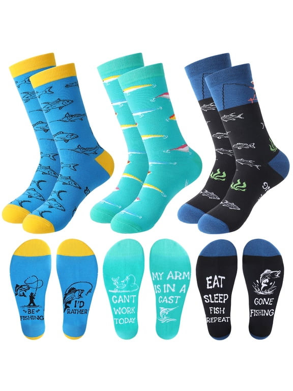 3 Pairs Novelty Fishing Socks for Men Funny Fish Themed Crew Socks Gifts for Dad, Grandpa Fishing Lover