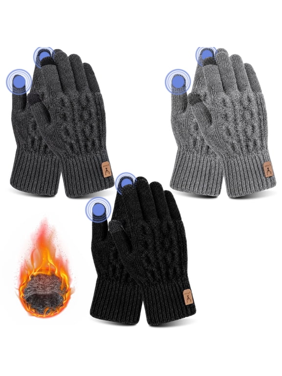 3 Pcs Thermal Gloves for Men Women, Touch Screen Winter Knit Gloves, Warm Stretchy Cold Weather for Driving, Hiking, Outdoor, Size Fits All