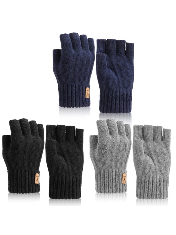 3 Pairs Winter Fingerless Gloves, 3 Colors A Thermal Knitted Half Finger Mittens Warm Stretchy Gloves, Working Tying Driving Half Finger Gloves for Men Women Cold Weather