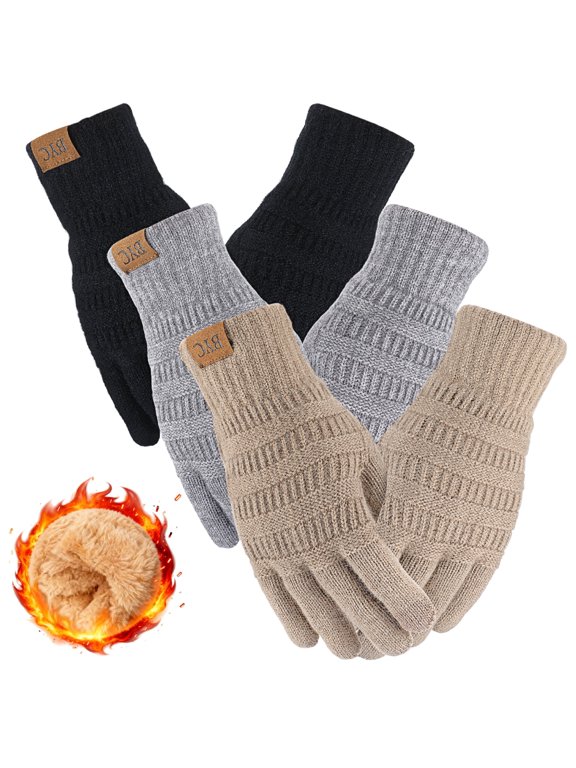 3 Pairs Winter Gloves for Women, Touch Screen Elastic Thermal Knit Lining Warm Gloves for Cold Weather, 3D Pattern Windproof Cuff Thicken Gloves
