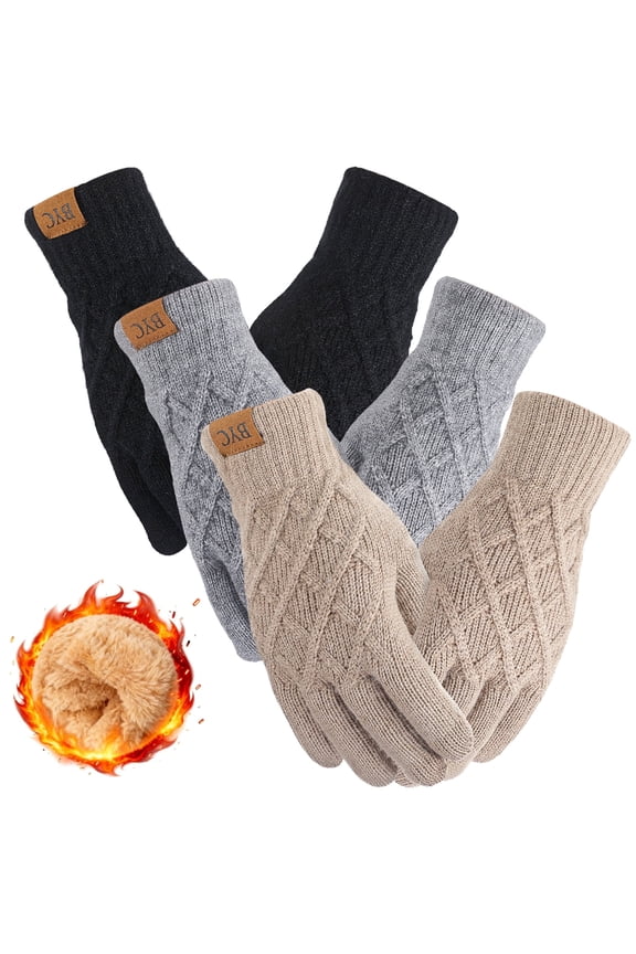 3 Pairs Winter Gloves for Women, Touch Screen Elastic Thermal Knit Lining Warm Gloves for Cold Weather, 3D Pattern Windproof Cuff Thicken Gloves