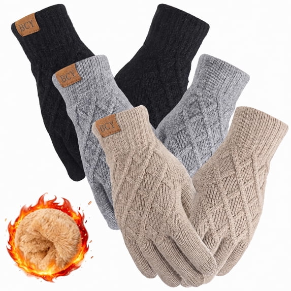Bocaoying 3 Pairs Winter Gloves for Women, Touch Screen Elastic Thermal Knit Lining Warm Gloves for Cold Weather, 3D Pattern Windproof Cuff Thicken Gloves