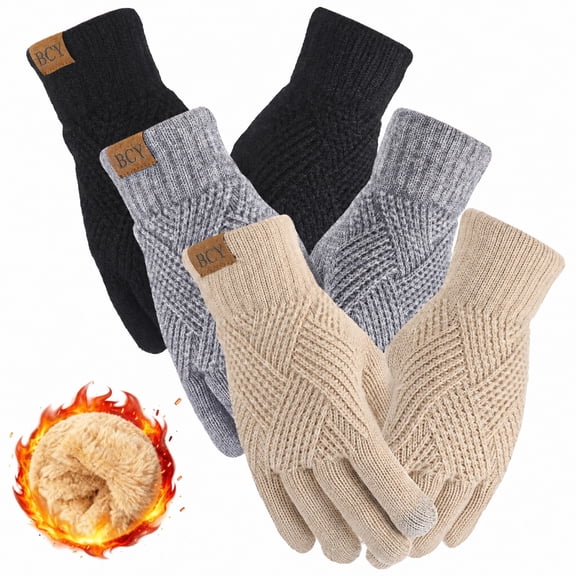 Bocaoying 3 Pairs Winter Gloves for Women, Touch Screen Elastic Thermal Knit Lining Warm Gloves for Cold Weather, 3D Pattern Windproof Cuff Thicken Gloves