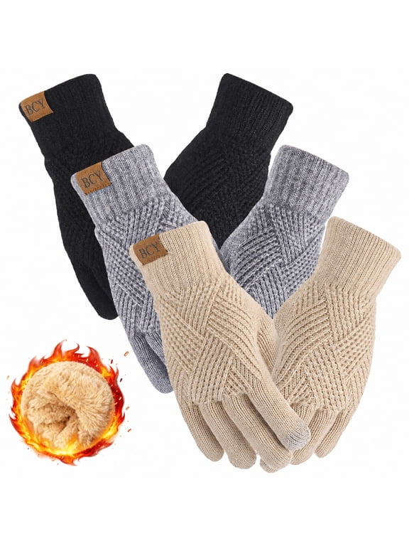 3 Pairs Winter Gloves for Women, Touch Screen Elastic Thermal Knit Lining Warm Gloves for Cold Weather, 3D Pattern Windproof Cuff Thicken Gloves
