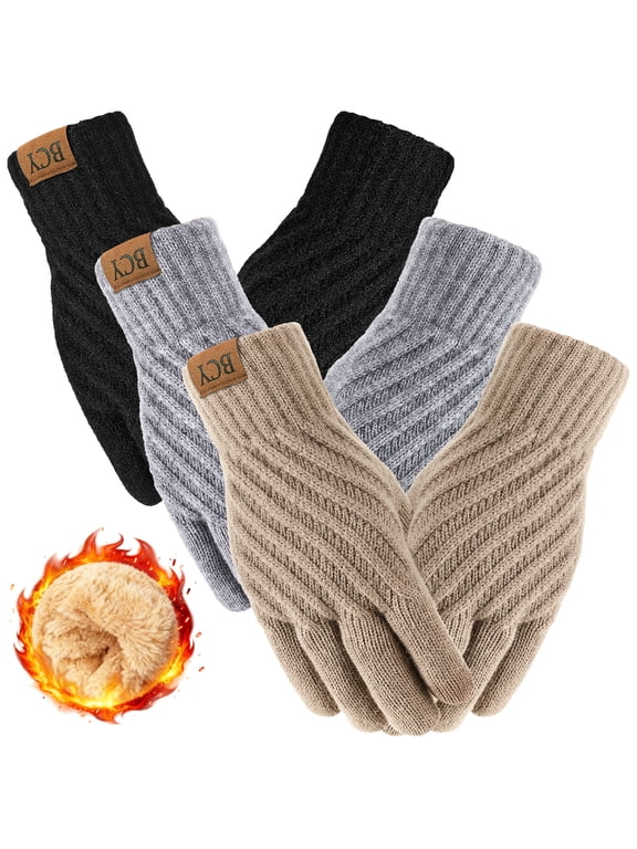 3 Pairs Winter Gloves for Women, Touch Screen Elastic Thermal Knit Lining Warm Gloves for Cold Weather, 3D Pattern Windproof Cuff Thicken Gloves