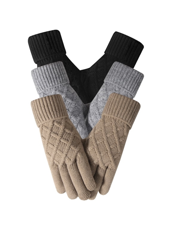 3 Pairs Winter Gloves for Women, Touch Screen Thermal Knit Gloves, Anti-Pilling Soft & Warm Fleece Lined Mittens with Rhombus Twist Pattern, Elastic Cuff for Cold Weather, Black/Gray/Khaki