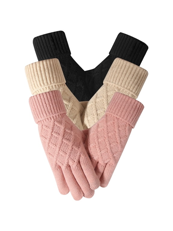 3 Pairs Winter Gloves for Women, Touch Screen Thermal Knit Gloves, Anti-Pilling Soft & Warm Fleece Lined Mittens with Rhombus Twist Pattern, Elastic Cuff for Cold Weather, Black/Pink/Beige