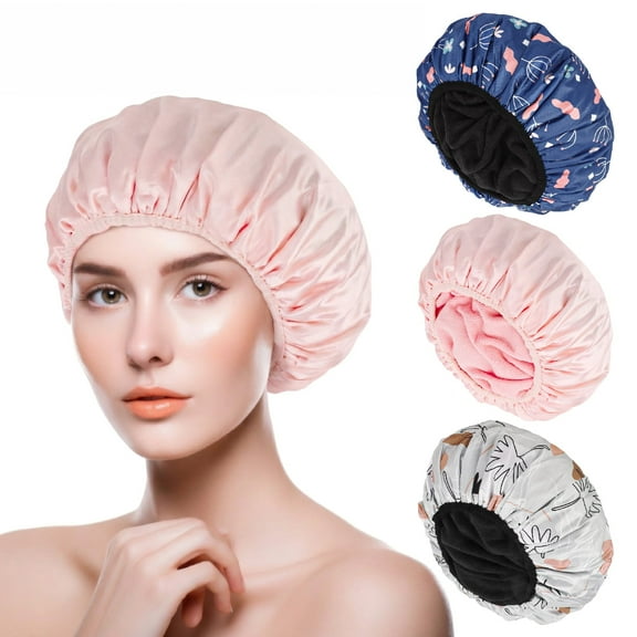 Bocaoying 3 Pcs 3 Layer Shower Caps for Women, Reusable Waterproof Spa Bonnets for Long/Curly Hair, Triple Layer Bath Caps, Blue/Pink/Grey, Large Dry Silk Satin Bonnets for Hair Treatment, Sleeping