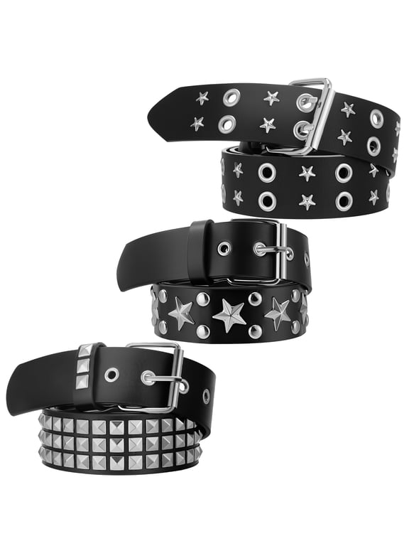 3 Pcs Black Studded Belt for Women, PU Leather Retro-Style Y2K Belts, Metal Pyramid Star Punk Rock Rivet Belts with Grommet Threads for Women Jeans Dresses