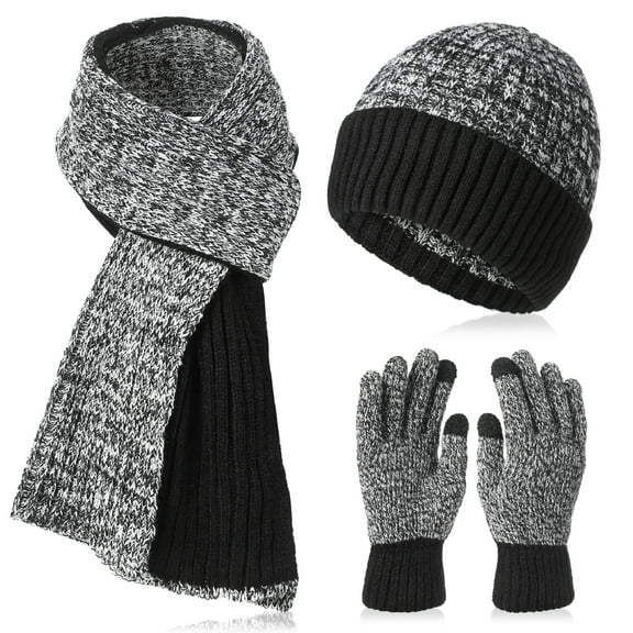 Bocaoying 3 Pcs Winter Hat Scarf Gloves Set, Men Women Warm Beanie Long Scarf Touchscreen Gloves for Cold Weather, Black w/ Gray Blocked