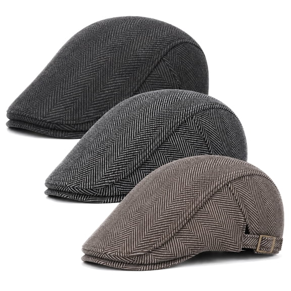 Bocaoying 3 Pcs Newsboy Caps for Men, Adjustable Flat Cap with Blend Tweed, Beret with Soft Lining Sweatband, Classic Peaked Brim Cap for Driving, Casual, Golf, One Size, Black/Grey/Coffee