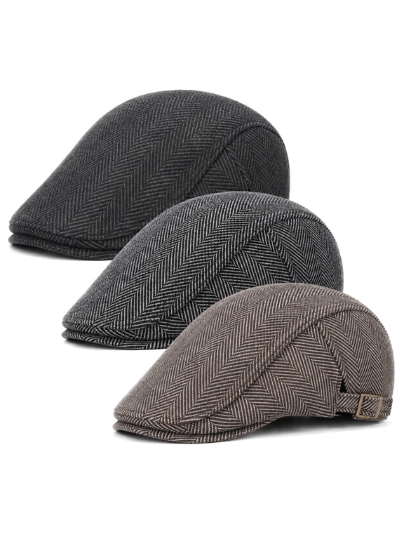 3 Pcs Newsboy Caps for Men, Adjustable Flat Cap with Blend Tweed, Beret with Soft Lining Sweatband, Classic Peaked Brim Cap for Driving, Casual, Golf, One Size, Black/Grey/Coffee