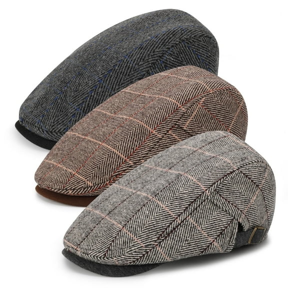 Bocaoying 3 Pcs Newsboy Caps for Men, Adjustable Flat Caps with Cotton Tweed, Beret with Soft Lining and Breathable Sweatband, Classic Peaked Brim Caps for Driving, Casual, Golf, One Size 21.6"-23.6"
