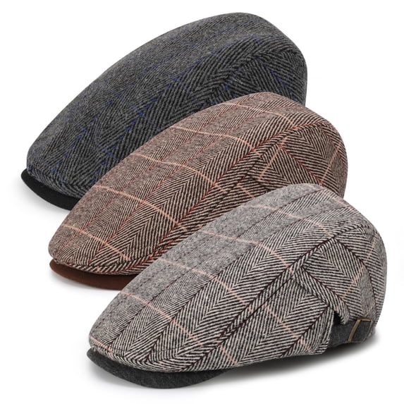 Bocaoying 3 Pcs Newsboy Caps for Men, Adjustable Flat Caps with Cotton Tweed, Beret with Soft Lining and Breathable Sweatband, Classic Peaked Brim Caps for Driving, Casual, Golf, One Size 21.6"-23.6"