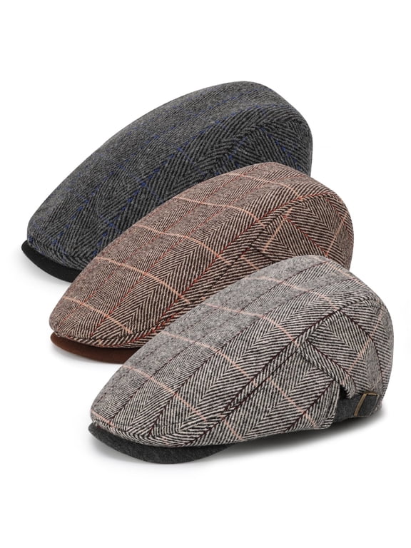 3 Pcs Newsboy Caps for Men, Adjustable Flat Caps with Cotton Tweed, Beret with Soft Lining and Breathable Sweatband, Classic Peaked Brim Caps for Driving, Casual, Golf, One Size 21.6"-23.6"