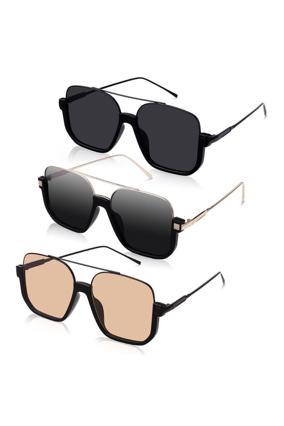 3 Pcs Retro Oversized Aviato Sunglasses for Women, Square Semi Rimless Sun Glasses 70s Vintage Trendy Shades, Lightweight and Fashion