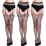 Bocaoying 3 Pcs Suspender Lace Stockings with Stretch Waistband, Sexy Hollow Printing Suspender Pantyhose, Sheer Thigh High Fishnet Tights with Garter for Women Cosplay