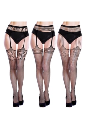 3 Pcs Suspender Lace Stockings with Stretch Waistband, Sexy Hollow Printing Suspender Pantyhose, Sheer Thigh High Fishnet Tights with Garter for Women Cosplay