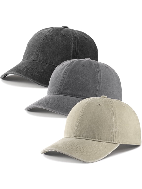 3 Pcs Washed Cotton Baseball Caps for Men Women, Breathable Retro Adjustable Dad Hats with Crown, Curved Brim Ball Caps for Running, Outdoor, Daily Casual Wear, Dark Light Grey/Beige