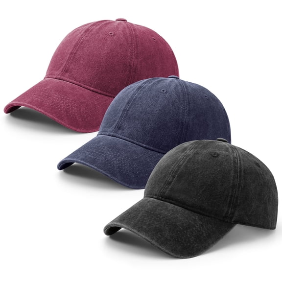 Bocaoying 3 Pcs Washed Cotton Baseball Caps for Men Women, Breathable Retro Adjustable Dad Hats with Crown, Curved Brim Ball Caps for Running, Outdoor, Daily Casual Wear, Black/Dark Blue/Wine Red