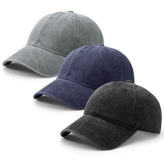 Bocaoying 3 Pcs Washed Cotton Baseball Caps for Men Women, Breathable Retro Adjustable Dad Hats with Crown, Curved Brim Ball Caps for Running, Outdoor, Daily Casual Wear, Black/Dark Blue/Grey