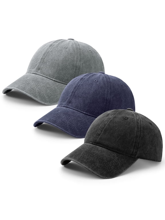 3 Pcs Washed Cotton Baseball Caps for Men Women, Breathable Retro Adjustable Dad Hats with Crown, Curved Brim Ball Caps for Running, Outdoor, Daily Casual Wear, Black/Dark Blue/Grey