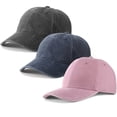 thumbnail image 1 of Bocaoying 3 Pcs Washed Cotton Baseball Caps for Men Women, Breathable Retro Adjustable Dad Hats with Crown, Curved Brim Ball Caps for Running, Outdoor, Daily Casual Wear, Grey/Blue/Pink, 1 of 7