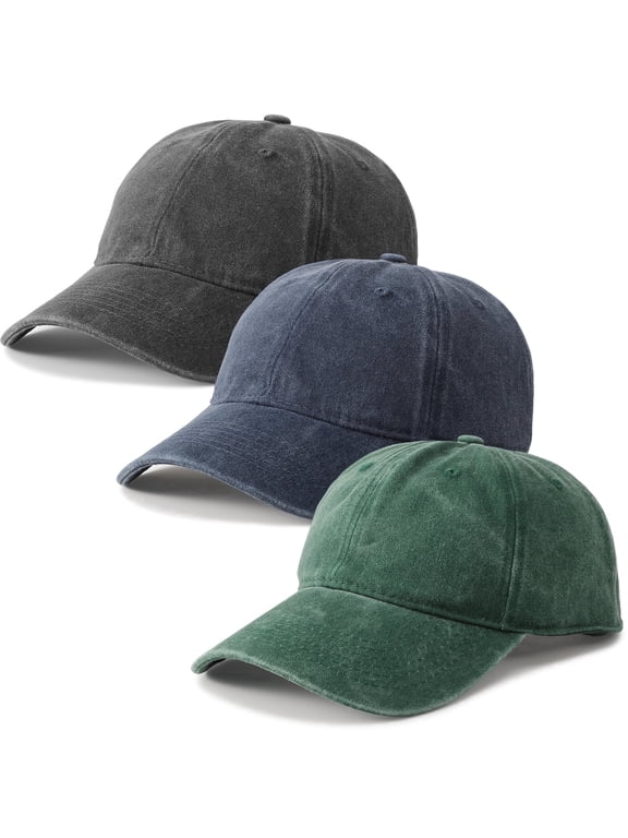 3 Pcs Washed Cotton Baseball Caps for Men Women, Breathable Retro Adjustable Dad Hats with Crown, Curved Brim Ball Caps for Running, Outdoor, Daily Casual Wear, Grey/Blue/Green