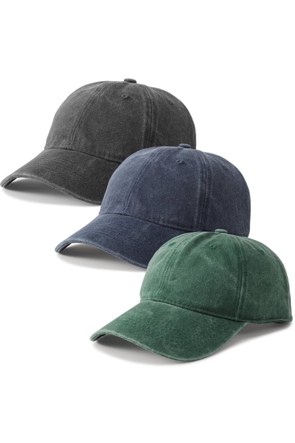3 Pcs Washed Cotton Baseball Caps for Men Women, Breathable Retro Adjustable Dad Hats with Structured Crown, Curved Brim Ball Caps for Running, Outdoor, Daily Casual Wear, Grey/Blue/Green