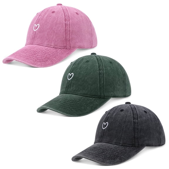Bocaoying 3 Pcs Washed Cotton Baseball Caps for Men Women with Small Heart Embroidery, Breathable Retro Adjustable Dad Hats with Crown, Curved Brim Ball Caps for Daily Wear, Black/Green/Pink