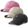 thumbnail image 1 of Bocaoying 3 Pcs Washed Cotton Baseball Caps for Men Women with Small Heart Embroidery , Breathable Retro Adjustable Dad Hats with Crown, Curved Brim Ball Caps for Daily Wear, Beige/Black/Pink, 1 of 7