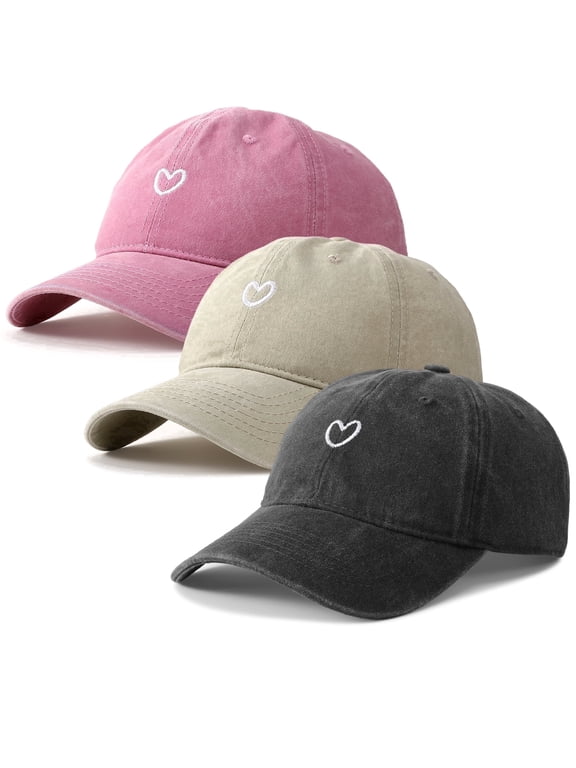 3 Pcs Washed Cotton Baseball Caps for Men Women with Small Heart Embroidery , Breathable Retro Adjustable Dad Hats with Crown, Curved Brim Ball Caps for Daily Wear, Beige/Black/Pink
