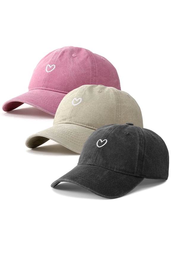 3 Pcs Washed Cotton Baseball Caps for Men Women with Small Heart Embroidery , Breathable Retro Adjustable Dad Hats with Crown, Curved Brim Ball Caps for Daily Wear, Beige/Black/Pink