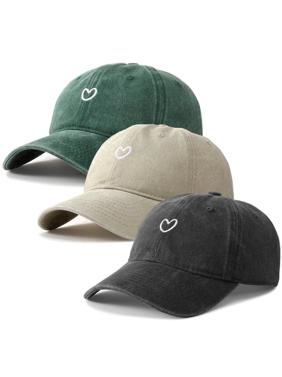 3 Pcs Washed Cotton Baseball Caps for Men Women with Small Heart Embroidery , Breathable Retro Adjustable Dad Hats with Crown, Curved Brim Ball Caps for Daily Wear, Beige/Black/Green