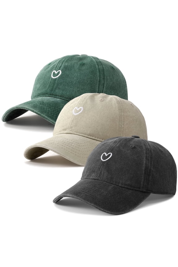 3 Pcs Washed Cotton Baseball Caps for Men Women with Small Heart Embroidery , Breathable Retro Adjustable Dad Hats with Crown, Curved Brim Ball Caps for Daily Wear, Beige/Black/Green