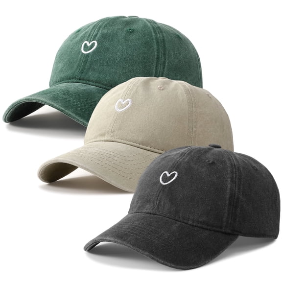 Bocaoying 3 Pcs Washed Cotton Baseball Caps for Men Women with Small Heart Embroidery , Breathable Retro Adjustable Dad Hats with Crown, Curved Brim Ball Caps for Daily Wear, Beige/Black/Green