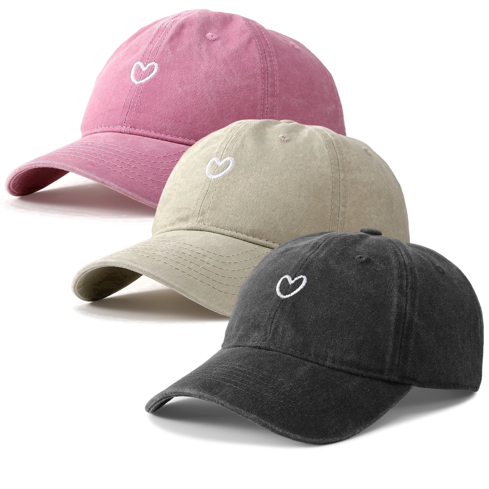 Paquete de 3 gorras de béisbol de algodón lavado para hombre y mujer, con pequeño bordado de corazón, retro ajustables, con corona y visera curva, para uso diario, beige/negro/rosa