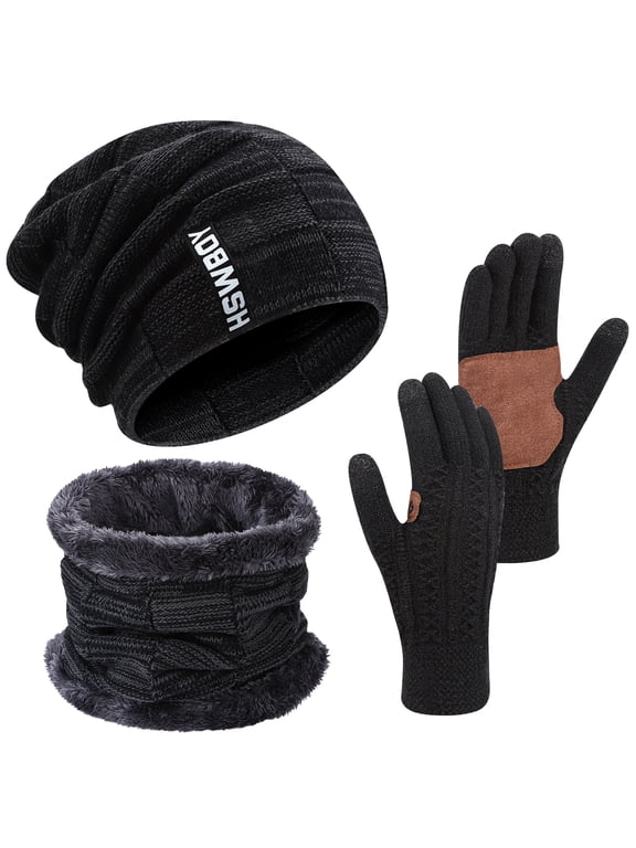3 Pcs Winter Hat Gloves Scarf Set for Men, Fleece Lined Beanie Scarf Touchscreen Gloves, 3 in 1 Men Warm Knitted Set Cycling Running Skiing Hiking for Cold Weather