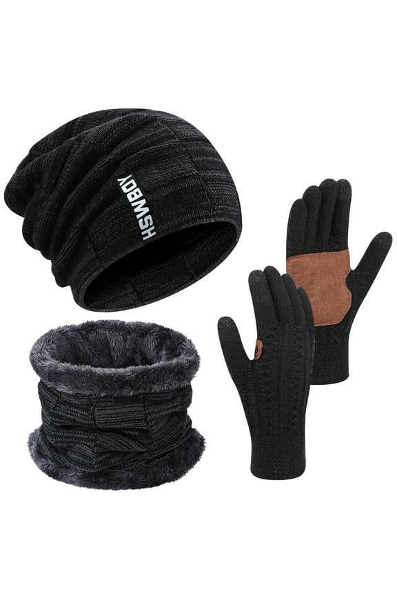 3 Pcs Winter Hat Gloves Scarf Set for Men, Fleece Lined Beanie Scarf Touchscreen Gloves, 3 in 1 Men Warm Knitted Set Cycling Running Skiing Hiking for Cold Weather