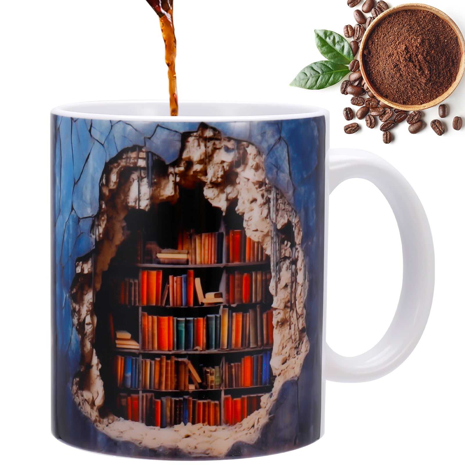 Bocaoying 3D Bookshelf Mug, 3D Bookshelf Coffee Mug, Library Shelf Cup