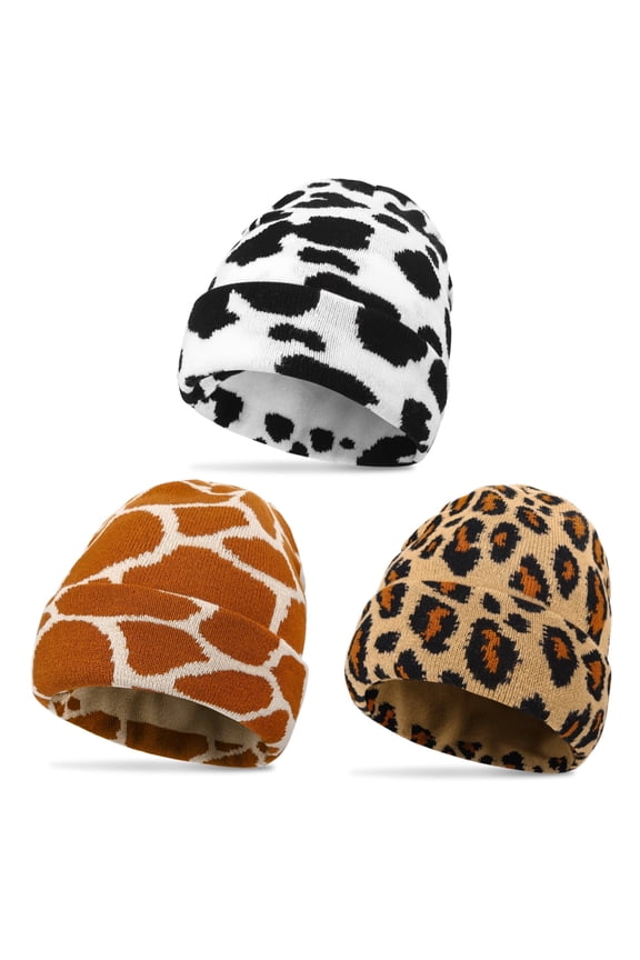3 Pack Toboggan Winter Beanies for Women, Soft Knit Ski Hat Set, Animal Print Beanie (Cow Giraffe Cheetah) for Funny Gifts, Christmas